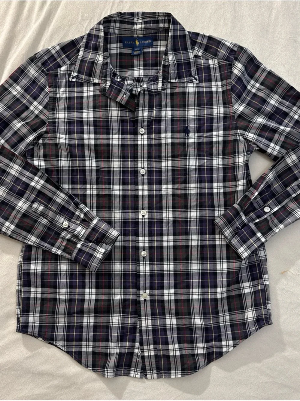 100% Cotton Ralph Lauren Boys Navy White Plaid Button-Down Shirt
